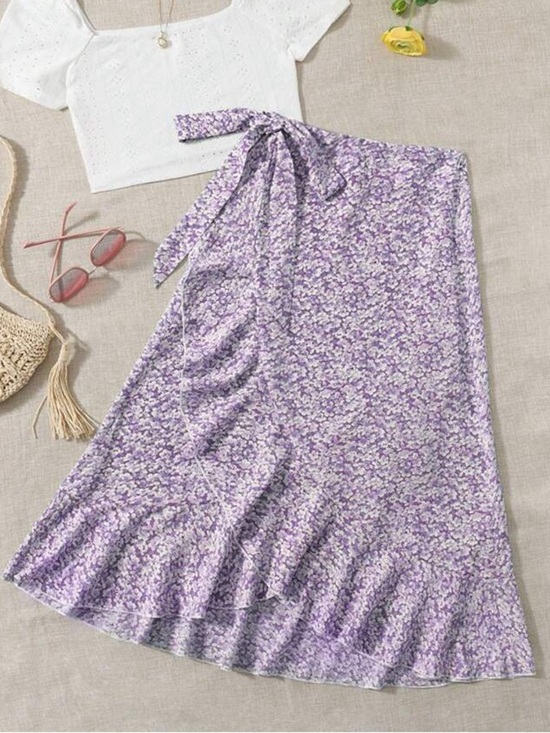 SHEIN Dresses & Skirts - SHEIN Lavender Ditsy Floral Ruffle Wrap Midi Skirt - Size S